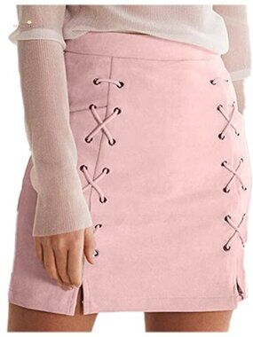High Waist Faux Suede Lace Up Side Slit Bodycon Mini Skirt